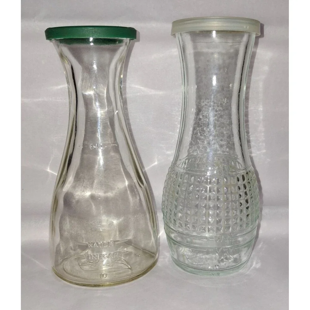 2 Vintage Good Seasons Glass Salad Dressing Measuring Cruets Green / White Lids